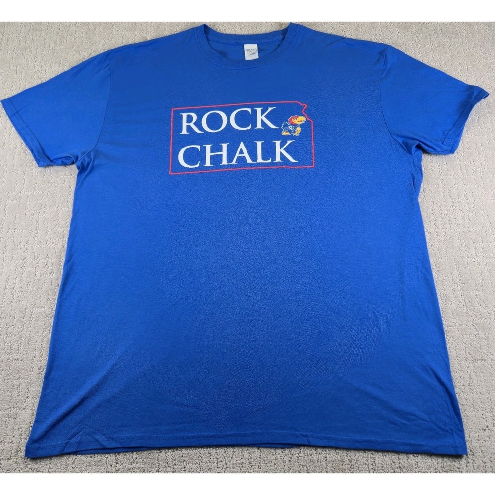 KANSAS JAYHAWKS "Rock Chalk" Men's Size 2XL Blue T-Shirt Gildan Tag NCAA College